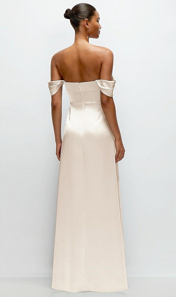 Back View - Oat A-Line Satin Maxi Dress with Convertible Off-the-Shoulder or Strapless Looks