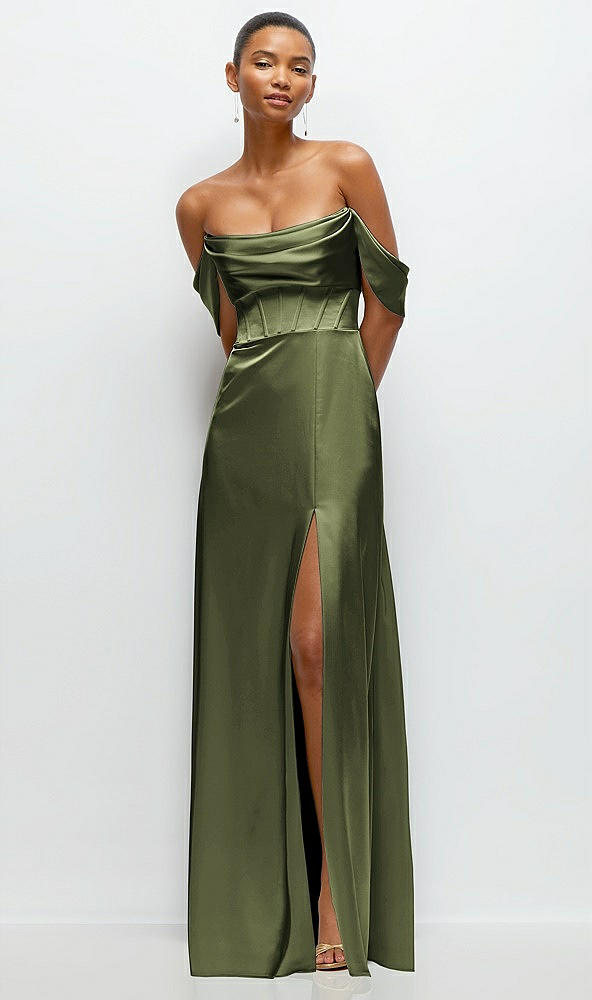 Front View - Olive Green A-Line Satin Maxi Dress with Convertible Off-the-Shoulder or Strapless Looks