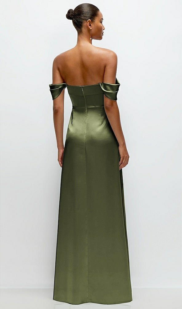 Back View - Olive Green A-Line Satin Maxi Dress with Convertible Off-the-Shoulder or Strapless Looks