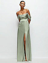 Front View Thumbnail - Sage A-Line Satin Maxi Dress with Convertible Off-the-Shoulder or Strapless Looks