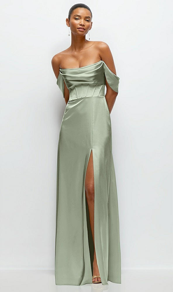 Front View - Sage A-Line Satin Maxi Dress with Convertible Off-the-Shoulder or Strapless Looks