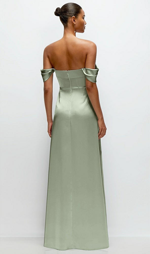 Back View - Sage A-Line Satin Maxi Dress with Convertible Off-the-Shoulder or Strapless Looks