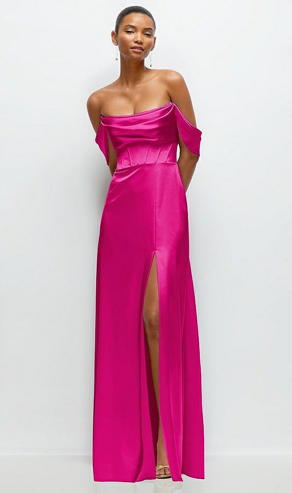 Front View - Think Pink A-Line Satin Maxi Dress with Convertible Off-the-Shoulder or Strapless Looks