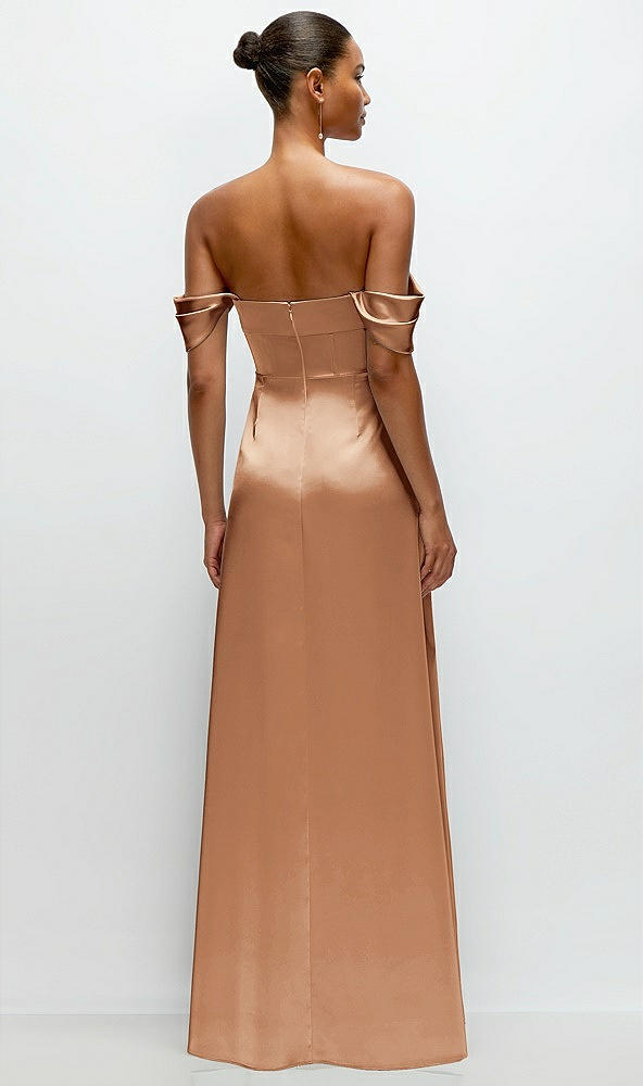 Back View - Toffee A-Line Satin Maxi Dress with Convertible Off-the-Shoulder or Strapless Looks