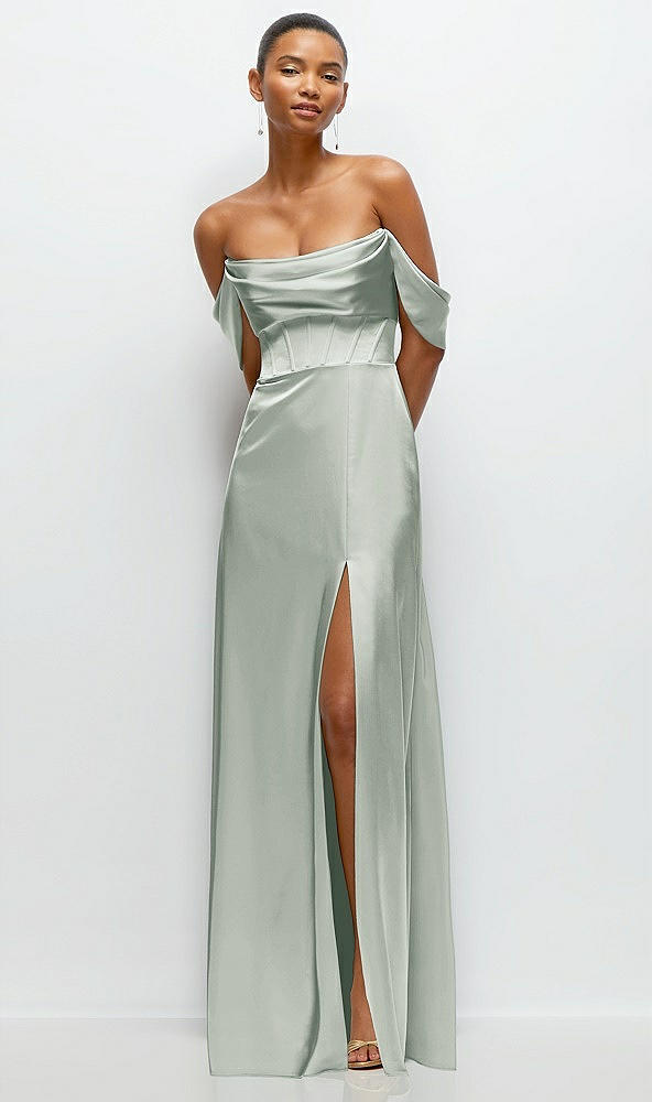 Front View - Willow Green A-Line Satin Maxi Dress with Convertible Off-the-Shoulder or Strapless Looks