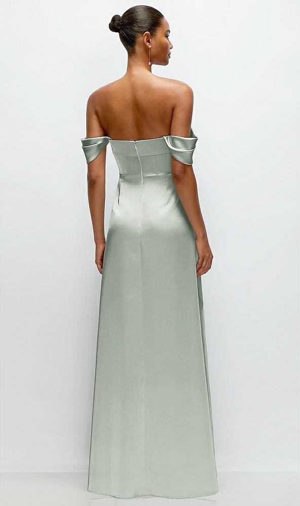 Back View - Willow Green A-Line Satin Maxi Dress with Convertible Off-the-Shoulder or Strapless Looks