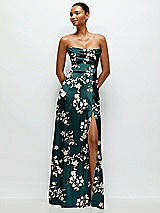 Alt View 1 Thumbnail - Vintage Primrose Evergreen Floral A-Line Satin Maxi Dress with Convertible Off-the-Shoulder or Strapless Looks