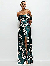 Front View Thumbnail - Vintage Primrose Evergreen Floral A-Line Satin Maxi Dress with Convertible Off-the-Shoulder or Strapless Looks