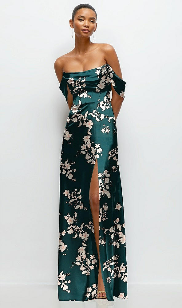 Front View - Vintage Primrose Evergreen Floral A-Line Satin Maxi Dress with Convertible Off-the-Shoulder or Strapless Looks