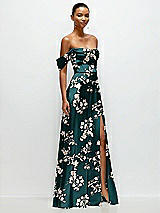 Side View Thumbnail - Vintage Primrose Evergreen Floral A-Line Satin Maxi Dress with Convertible Off-the-Shoulder or Strapless Looks