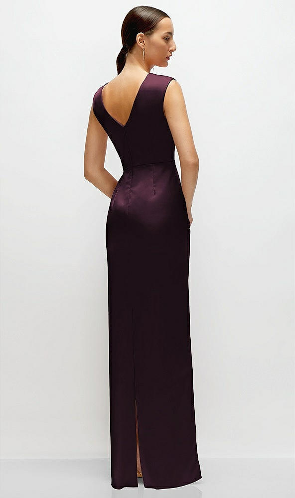 Back View - Deep Plum High Neck Sleeveless Cap Shoulder Satin Maxi Dress