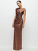 Side View Thumbnail - Cognac High Neck Sleeveless Cap Shoulder Satin Maxi Dress