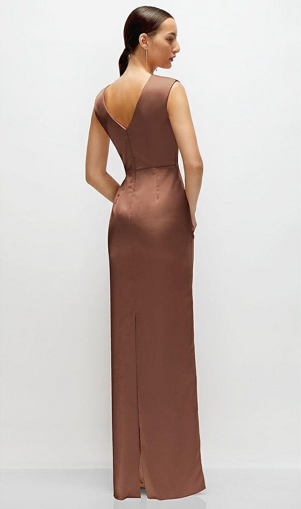 Back View - Cognac High Neck Sleeveless Cap Shoulder Satin Maxi Dress