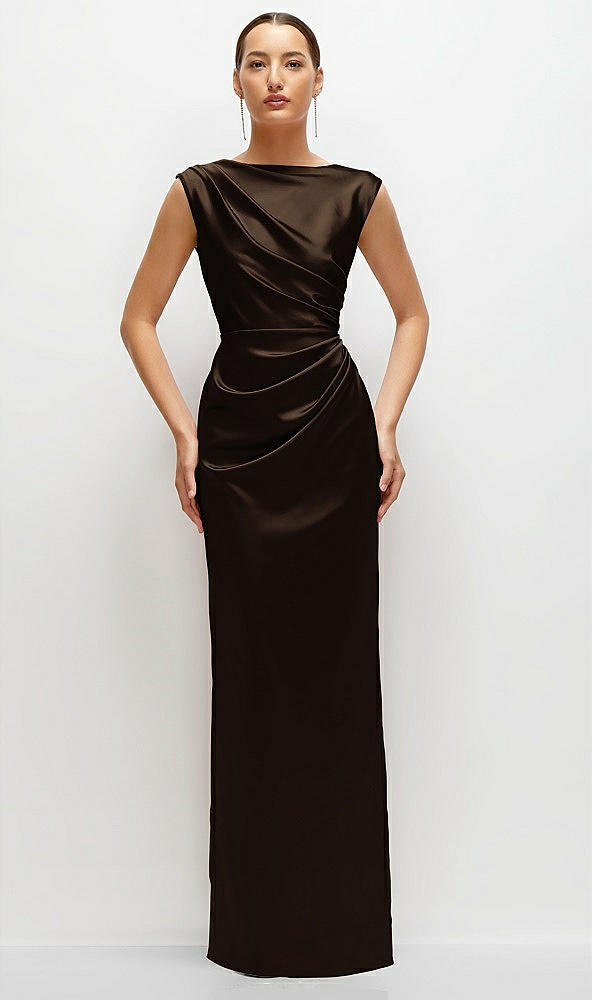 Front View - Espresso High Neck Sleeveless Cap Shoulder Satin Maxi Dress
