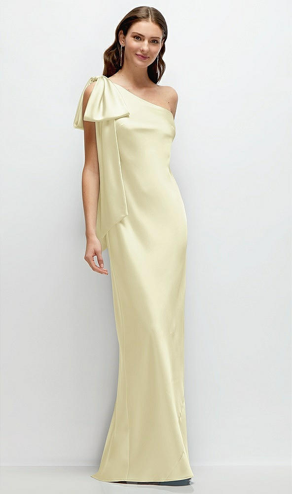 Front View - Butter Yellow One-Shoulder Bias-Cut Satin Maxi Dress with Cascading Shoulder Bow