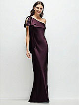 Front View Thumbnail - Deep Plum One-Shoulder Bias-Cut Satin Maxi Dress with Cascading Shoulder Bow
