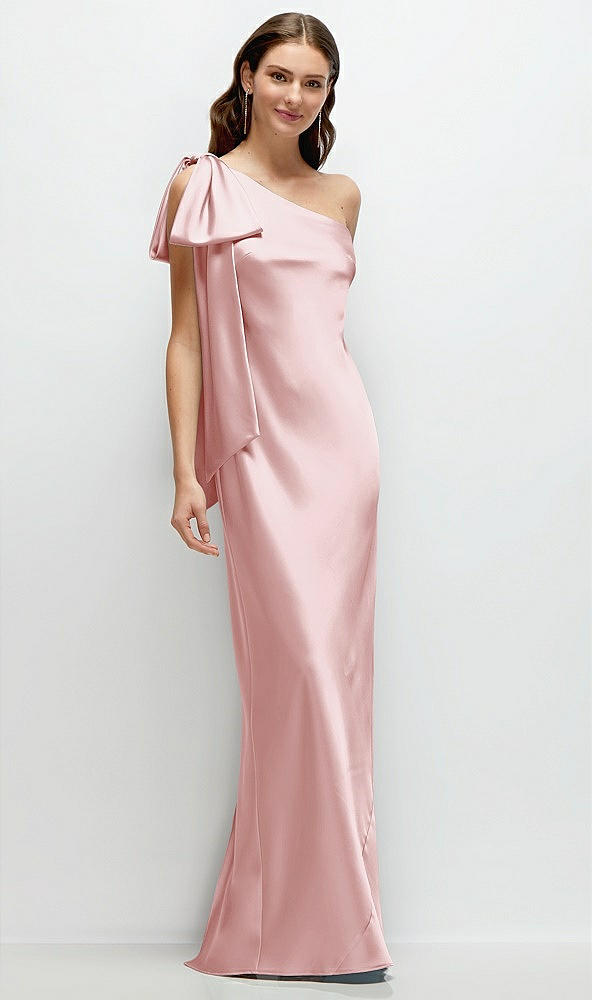 Front View - Ballet Pink One-Shoulder Bias-Cut Satin Maxi Dress with Cascading Shoulder Bow