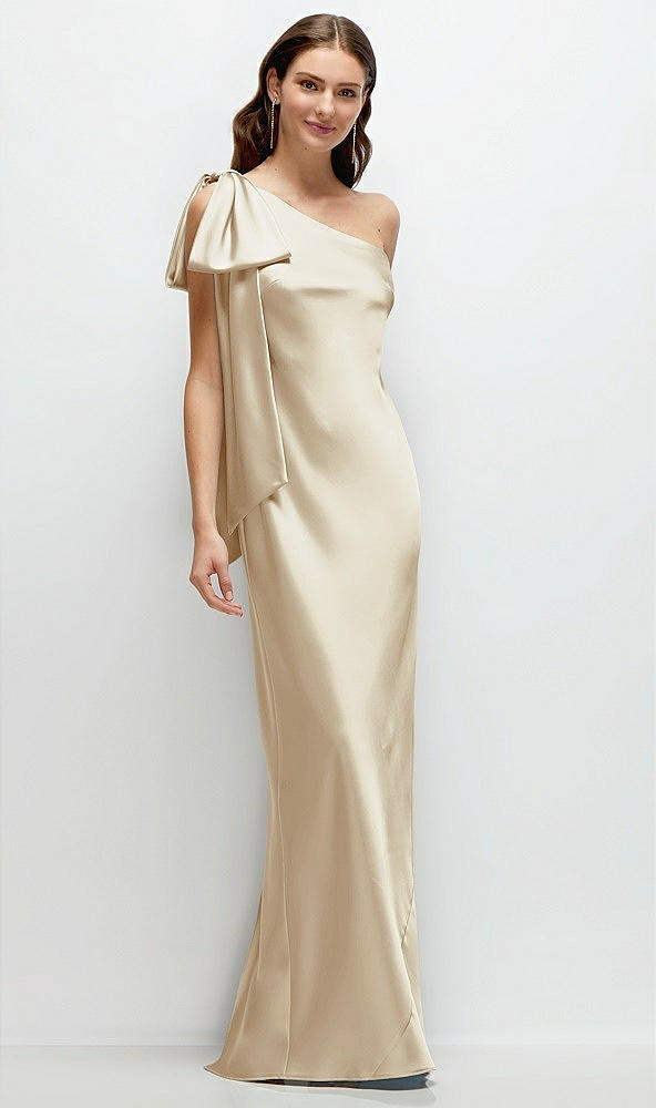 Front View - Champagne One-Shoulder Bias-Cut Satin Maxi Dress with Cascading Shoulder Bow