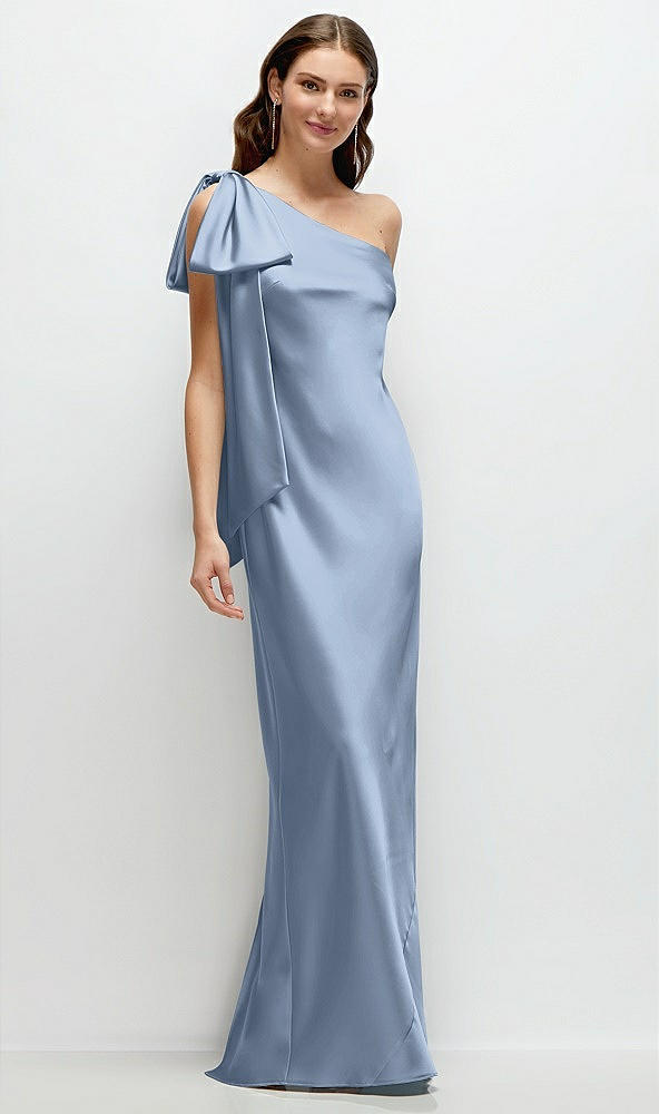 Front View - Cloudy One-Shoulder Bias-Cut Satin Maxi Dress with Cascading Shoulder Bow