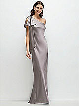 Front View Thumbnail - Cashmere Gray One-Shoulder Bias-Cut Satin Maxi Dress with Cascading Shoulder Bow
