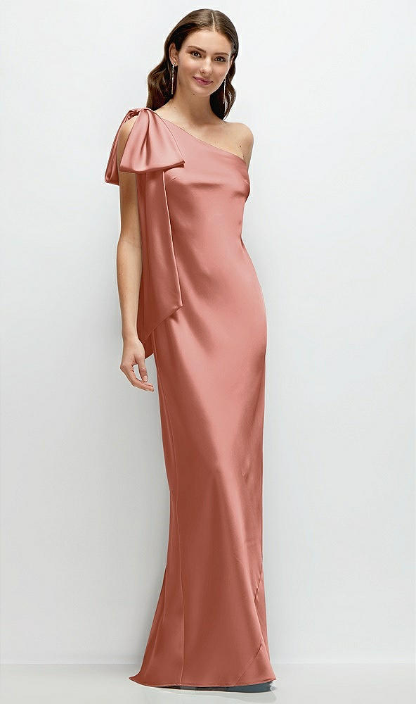 Front View - Desert Rose One-Shoulder Bias-Cut Satin Maxi Dress with Cascading Shoulder Bow