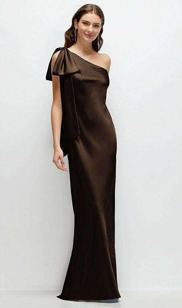 Front View - Espresso One-Shoulder Bias-Cut Satin Maxi Dress with Cascading Shoulder Bow