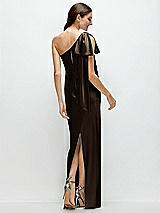 Rear View Thumbnail - Espresso One-Shoulder Bias-Cut Satin Maxi Dress with Cascading Shoulder Bow
