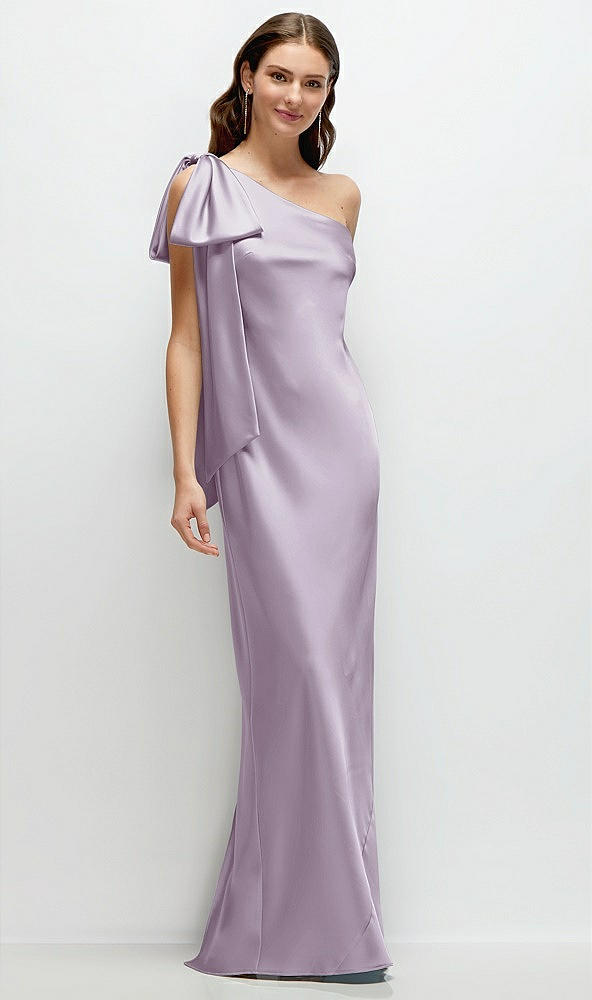 Front View - Lilac Haze One-Shoulder Bias-Cut Satin Maxi Dress with Cascading Shoulder Bow