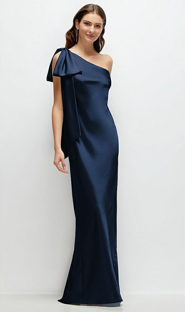 Front View - Midnight Navy One-Shoulder Bias-Cut Satin Maxi Dress with Cascading Shoulder Bow