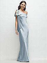 Front View Thumbnail - Mist One-Shoulder Bias-Cut Satin Maxi Dress with Cascading Shoulder Bow