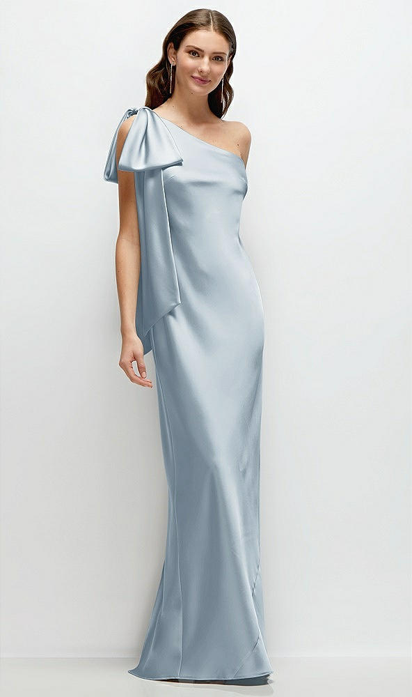 Front View - Mist One-Shoulder Bias-Cut Satin Maxi Dress with Cascading Shoulder Bow