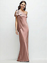 Front View Thumbnail - Neu Nude One-Shoulder Bias-Cut Satin Maxi Dress with Cascading Shoulder Bow