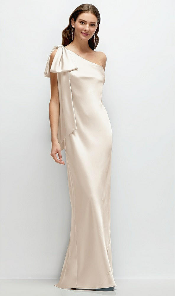Front View - Oat One-Shoulder Bias-Cut Satin Maxi Dress with Cascading Shoulder Bow