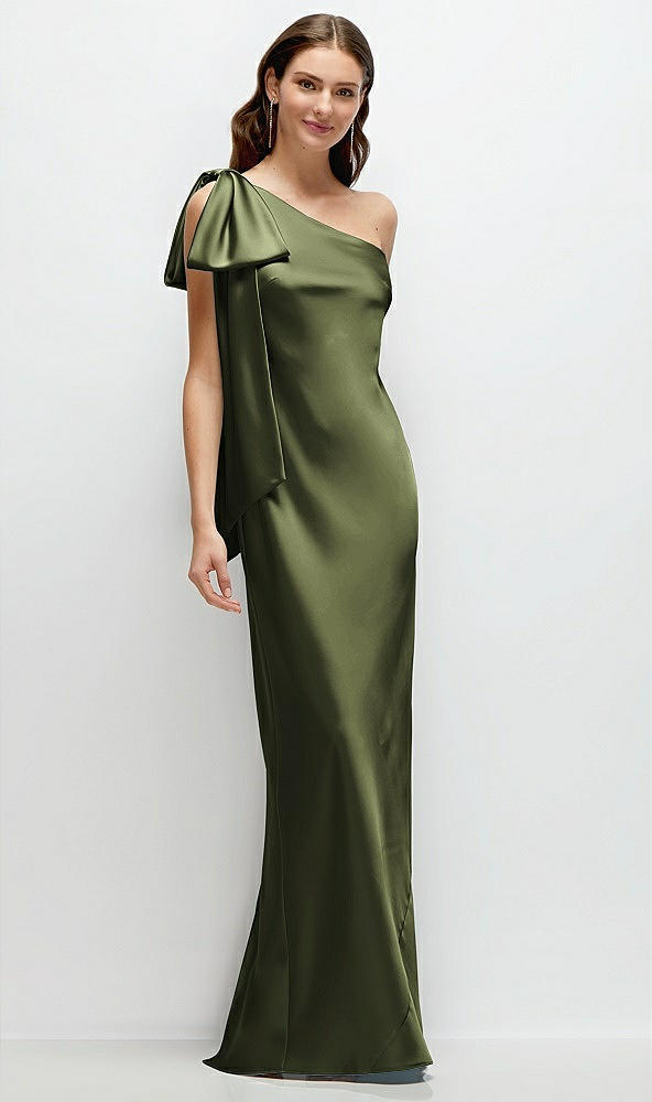 Front View - Olive Green One-Shoulder Bias-Cut Satin Maxi Dress with Cascading Shoulder Bow