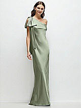 Front View Thumbnail - Sage One-Shoulder Bias-Cut Satin Maxi Dress with Cascading Shoulder Bow