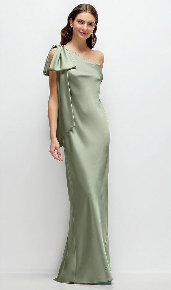 Front View - Sage One-Shoulder Bias-Cut Satin Maxi Dress with Cascading Shoulder Bow