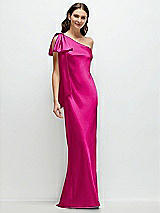 Front View Thumbnail - Think Pink One-Shoulder Bias-Cut Satin Maxi Dress with Cascading Shoulder Bow