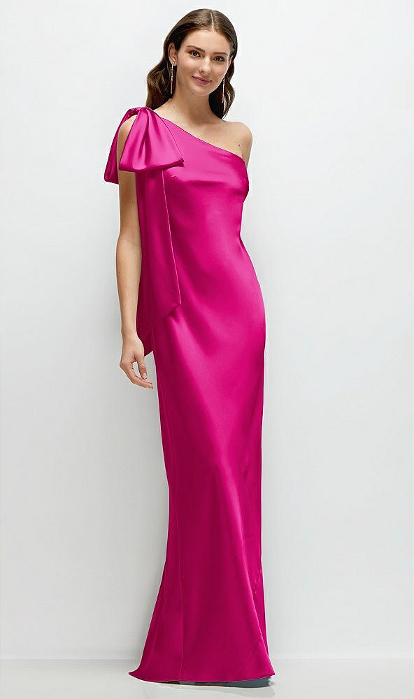 Front View - Think Pink One-Shoulder Bias-Cut Satin Maxi Dress with Cascading Shoulder Bow