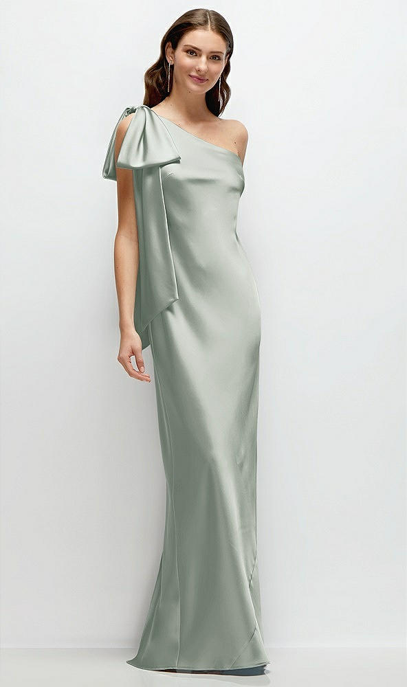 Front View - Willow Green One-Shoulder Bias-Cut Satin Maxi Dress with Cascading Shoulder Bow