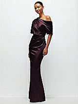 Side View Thumbnail - Deep Plum Asymmetrical Off-the-Shoulder Pleated Satin Maxi Dress