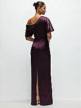 Rear View Thumbnail - Deep Plum Asymmetrical Off-the-Shoulder Pleated Satin Maxi Dress