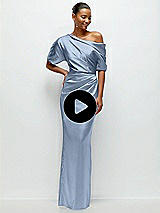 Video 1 Thumbnail - Black Asymmetrical Off-the-Shoulder Pleated Satin Maxi Dress