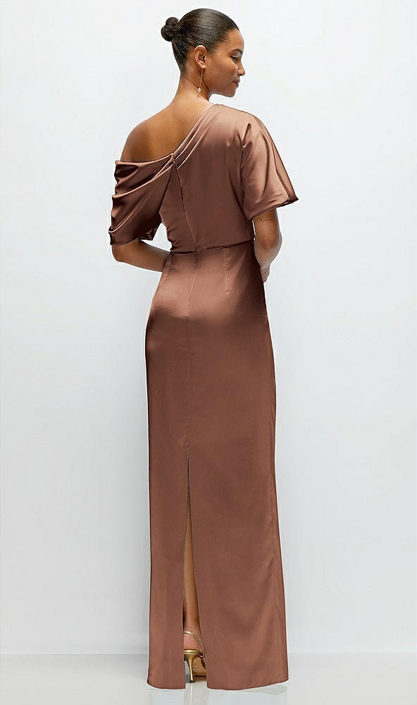 Back View - Cognac Asymmetrical Off-the-Shoulder Pleated Satin Maxi Dress