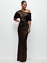 Front View Thumbnail - Espresso Asymmetrical Off-the-Shoulder Pleated Satin Maxi Dress
