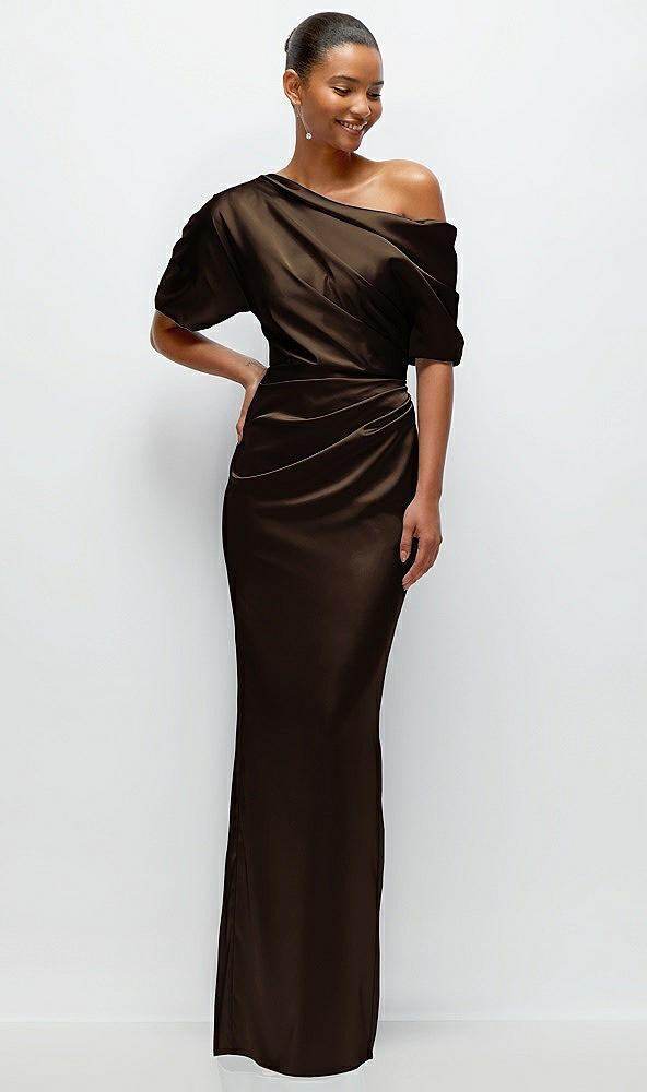 Front View - Espresso Asymmetrical Off-the-Shoulder Pleated Satin Maxi Dress