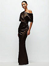Side View Thumbnail - Espresso Asymmetrical Off-the-Shoulder Pleated Satin Maxi Dress