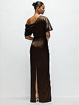 Rear View Thumbnail - Espresso Asymmetrical Off-the-Shoulder Pleated Satin Maxi Dress
