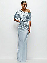 Front View Thumbnail - Mist Asymmetrical Off-the-Shoulder Pleated Satin Maxi Dress