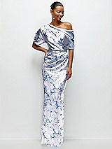 Front View Thumbnail - Magnolia Sky Asymmetrical Off-the-Shoulder Draped Floral Satin Maxi Dress