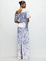 Rear View Thumbnail - Magnolia Sky Asymmetrical Off-the-Shoulder Draped Floral Satin Maxi Dress